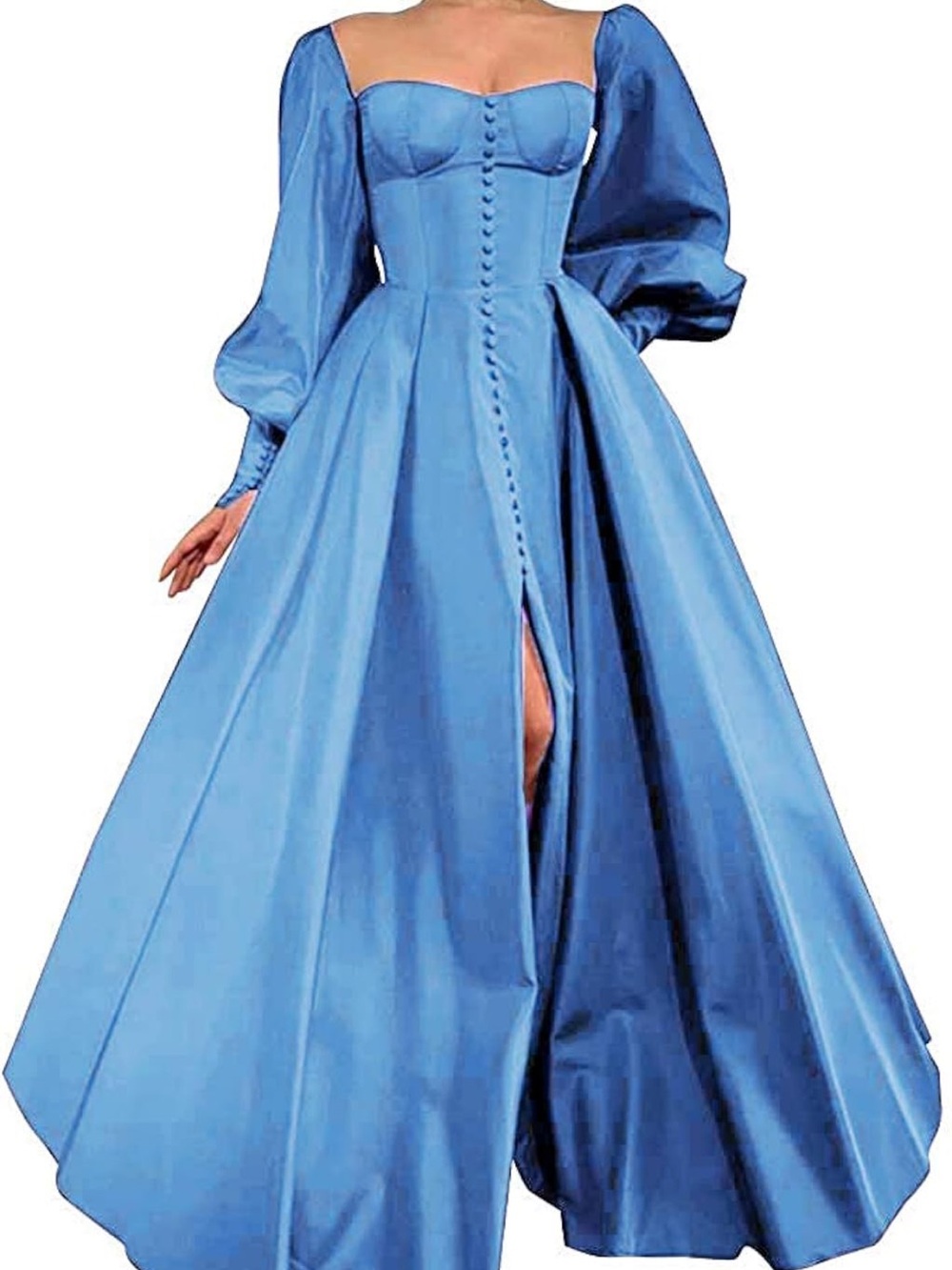 Blue Satin Ball Gown Dress with Puff Sleeves Victorian Cinderella Princess